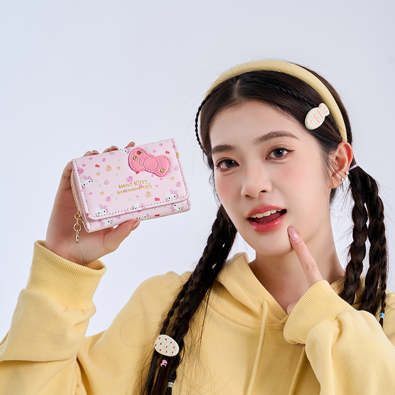 Hello Kitty 50Th Anniversary Limited Edition 3D Bow Cute Glitter Wallet Pink and White Sweet Girl Exclusive Short Style