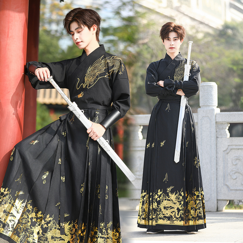 Embroidered Dragon Pattern Top with Gold Stamping Mamian Skirt New Chinese Style National Style Bold Black Men's Hanfu Ancient Style Martial Arts Suit for Autumn