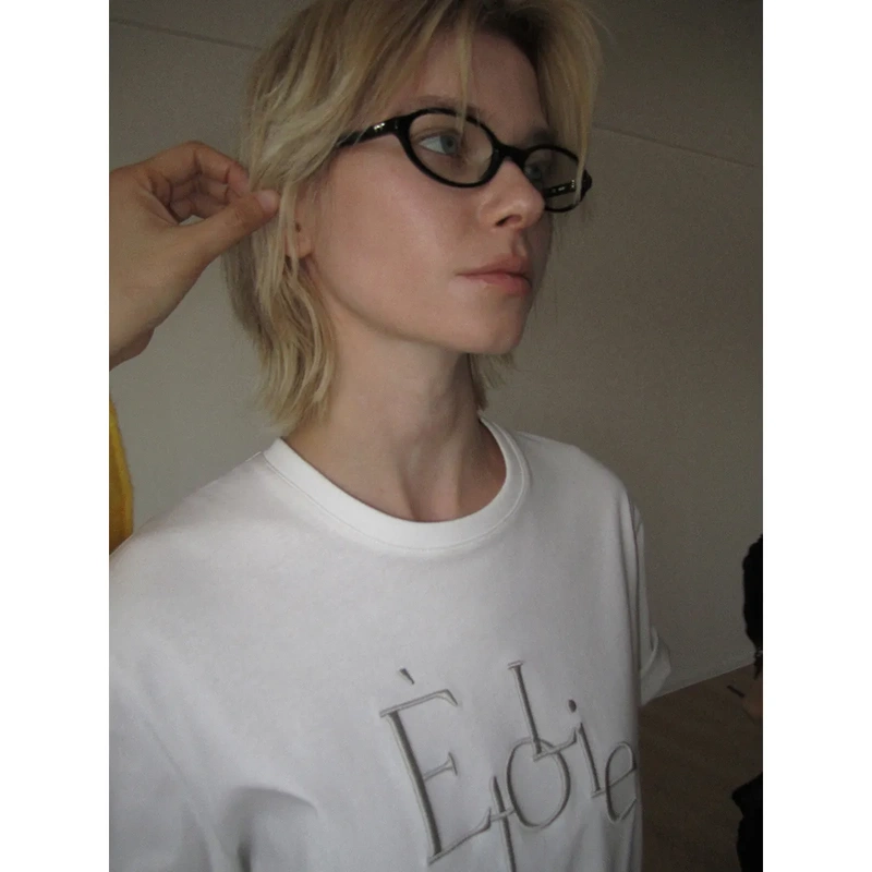 Trendy Dream Dt Etolie Round-Neck Loose Embroidered Letter Pure Cotton Short-Sleeve T-Shirt for Women, Can Be Worn as Outerwear or as a White Inner Top