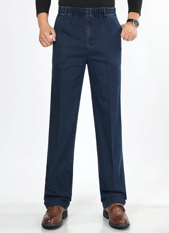 Mùa xuân và mùa thu mẫu trung niên và tuổi già lỏng lẻo eo cao nam quần dài thun thun quần jeans bố giải trí cộng với phân bón XL quần áo big size nam