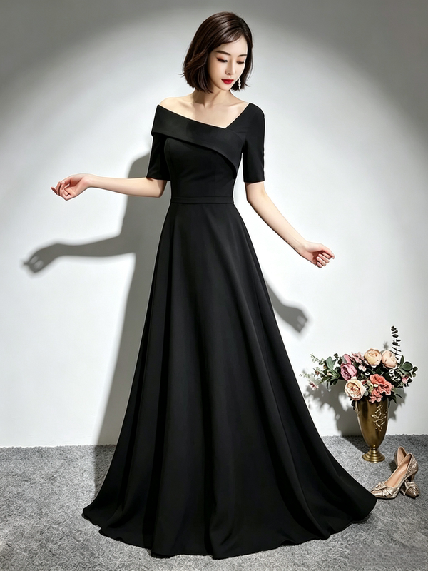 Satin Black Off-The-Shoulder Evening Dress for Women, Suitable for Banquets, Talent Shows, Piano Exams, Graduation, Annual Meetings, Hostess, and Choir Performances