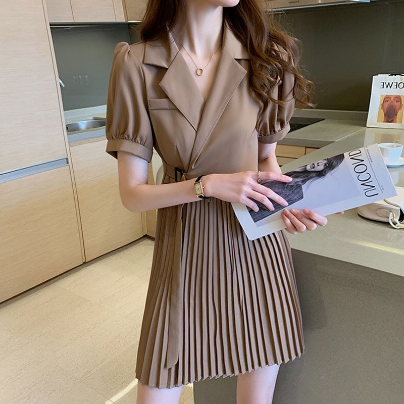 Plus fat plus size summer fat sister cover belly thin dress retro suit collar temperament waist waist loose pleated skirt