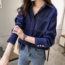 Large size womens Korean version early spring shirt womens long-sleeved Hong Kong style top loose and thin solid color shirt bottoming shirt trendy