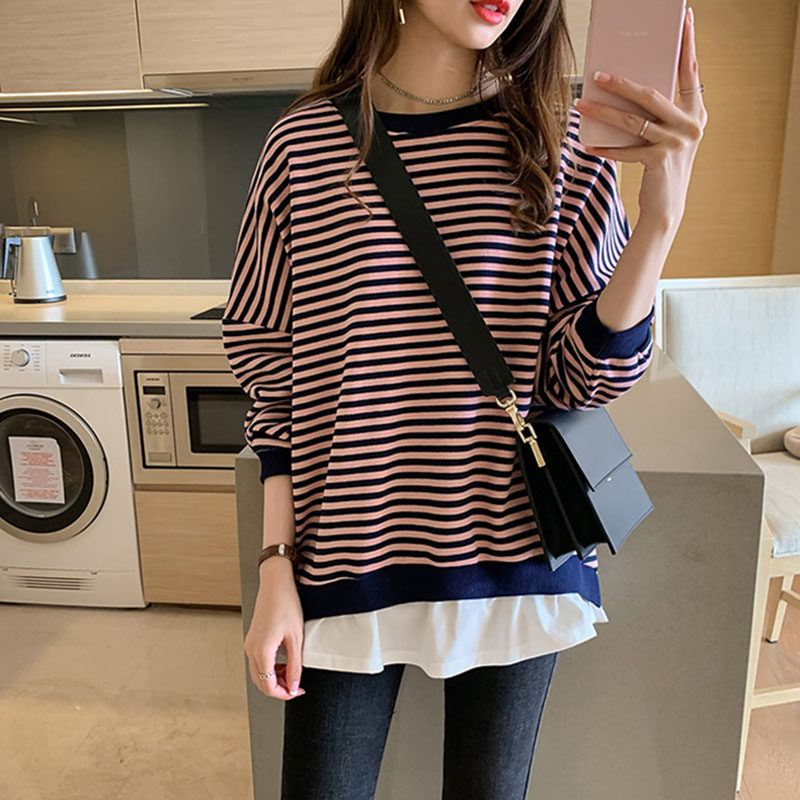 Add fertilizer and increase autumn and winter long-sleeved T-shirt top women's loose fat sister sweater simple striped underwear 200 catties