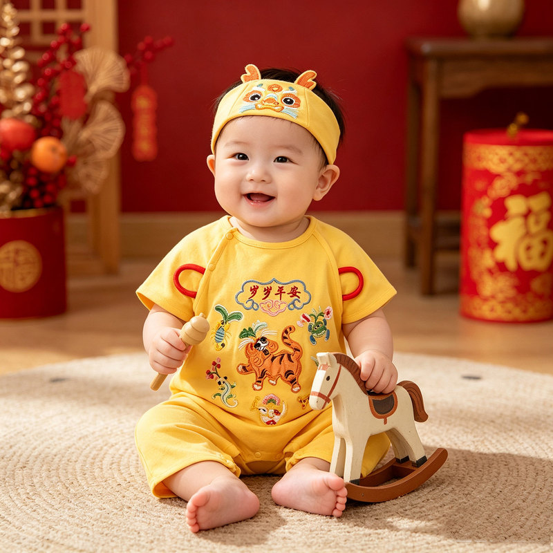 French Badnut Dragon Boat Festival Baby Boy Clothes, Baby's 100-Day Ceremony Yellow Robe, Pure Cotton Yellow Summer Formal Wear