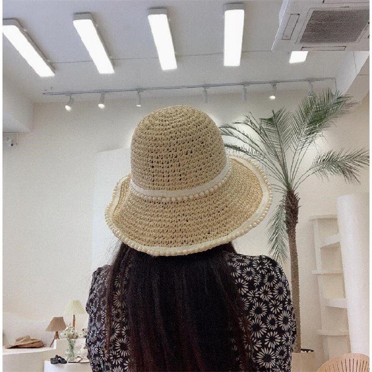Small fresh hat women's woven pearl straw hat summer sunscreen sunshade sunscreen seaside beach fisherman hat sun hat