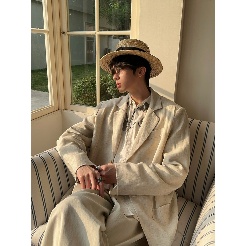 Dig1 Club Retro Vintage Style Spring and Summer Thin Linen Loose-Fitting Suit for Men, Versatile Casual Simple Suit Trendy