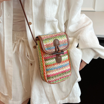 Contrast color woven bag for women 2024 summer new fashion straw mobile phone bag Korean version niche simple versatile crossbody bag