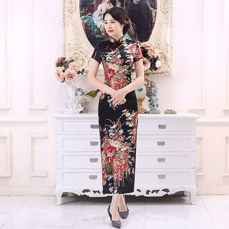  L+Long cheongsam flowers black  