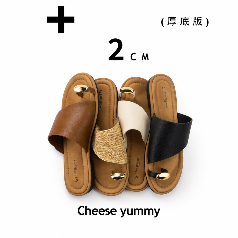 Cheese Yummy Sheepskin Version Vacation Style Thong Sandals Summer 2cm Height Increase Metal Buckle Slip-On Beach Shoes