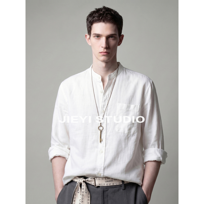 Jieyi Tencel Lyocell Linen Long Sleeve Shirt Zen New Chinese Style Solid Color Patch Pocket Jacket for Men Jieyi Tencel Lyocell Linen Long Sleeve Shirt Zen New Chinese Style Solid Color Patch Pocket Jacket for Men