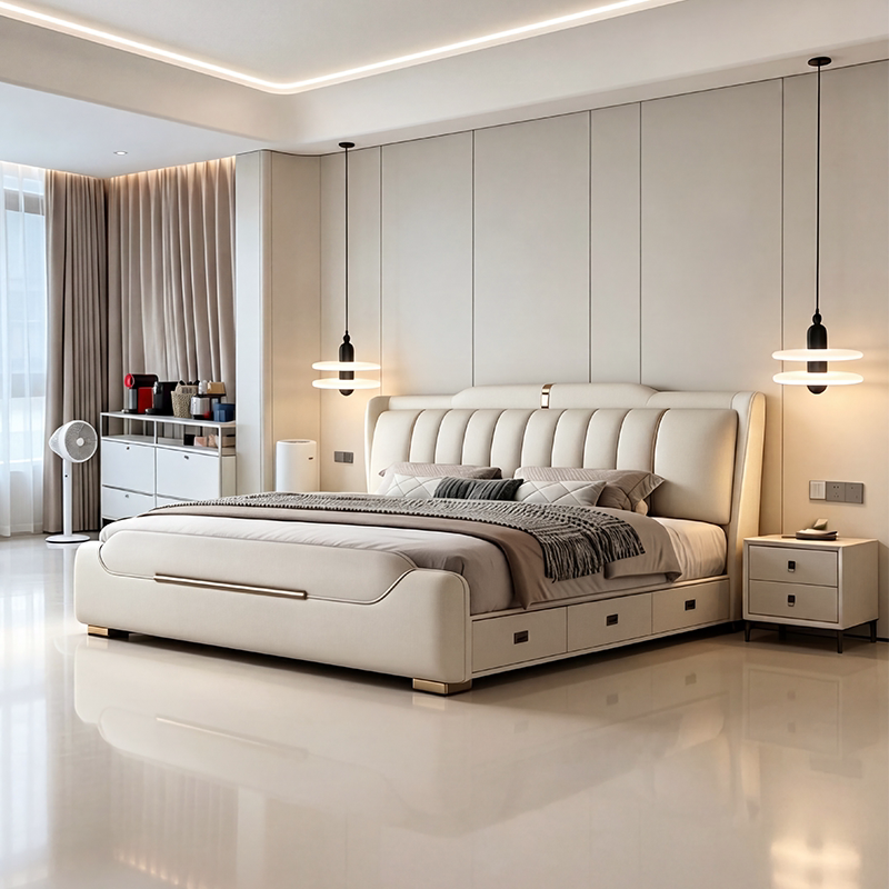 Bed 1.8m Double Master Bedroom Large Bed Modern Light Luxury High-End Leather Soft-Upholstered Solid Wood Bed 2m X 2.2m Suspended Bed Bed 1.8m Double Master Bedroom Large Bed Modern Light Luxury High-End Leather Soft-Upholstered Solid Wood Bed 2m X 2.2m Suspended Bed