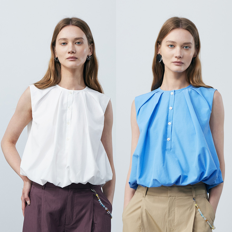 Southpaw Studio Round Neck Button-Down French-Style Commuter Sleeveless Pleated Vest Top Shirt Women's Blouse