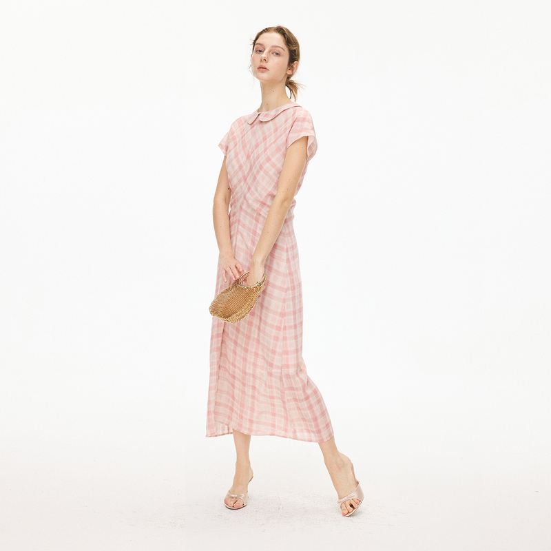 Southpaw Studio Plaid Print Lightweight Sleeved Dress for Women with Small Flutter Sleeves, Mid-Length Long Dress