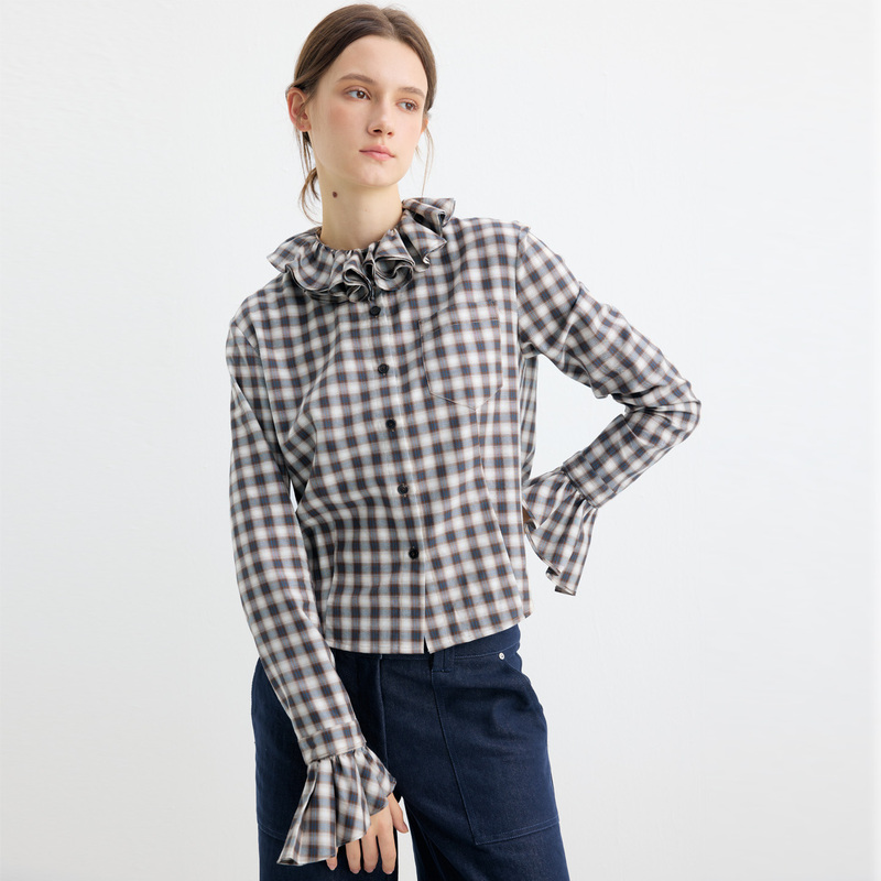 Southpaw Studio Autumn Ruffled Sleeve Waist-Cinching Women's Plaid Long-Sleeve Shirt Southpaw Studio Autumn Ruffled Sleeve Waist-Cinching Women's Plaid Long-Sleeve Shirt