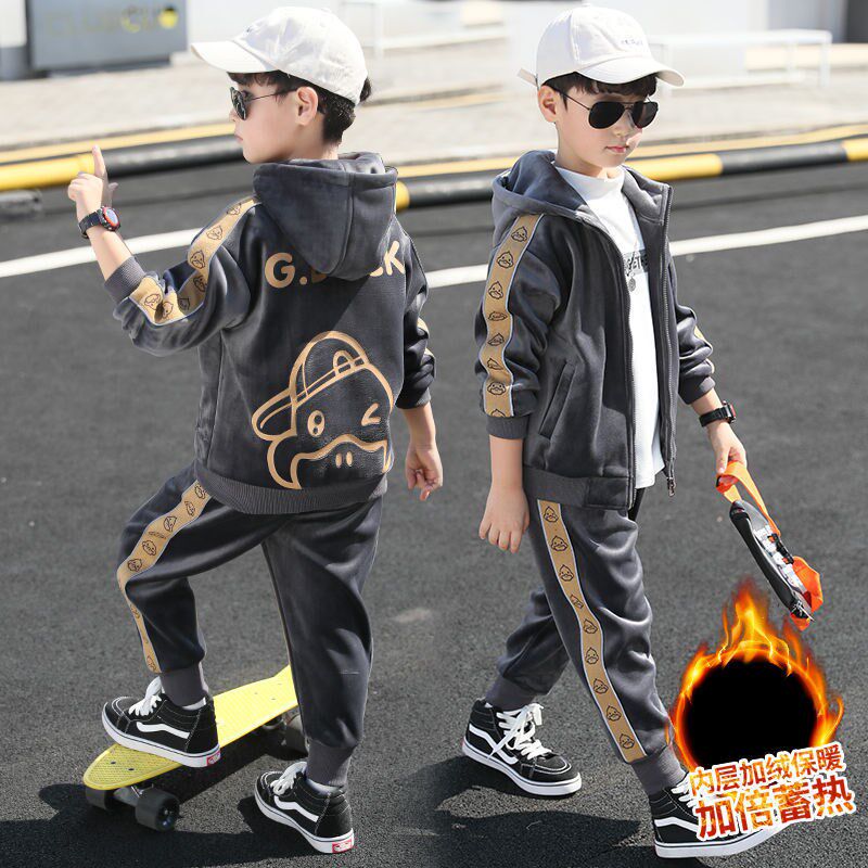 Boys' autumn and winter clothes gold velvet suit 2022 new children's winter warm boy children's clothes plus velvet thick handsome