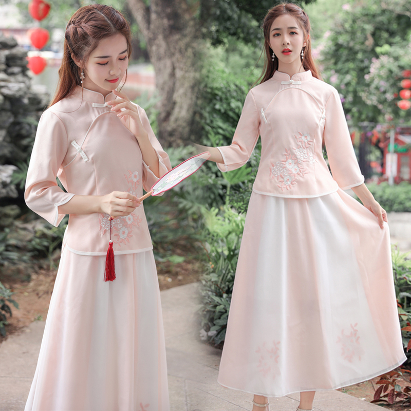 Daily Hanfu for Women, Chinese-Style Improved Cheongsam Set, Retro Republic of China Literary Student Slim-Fit Chinese Tang Suit with Button Closure