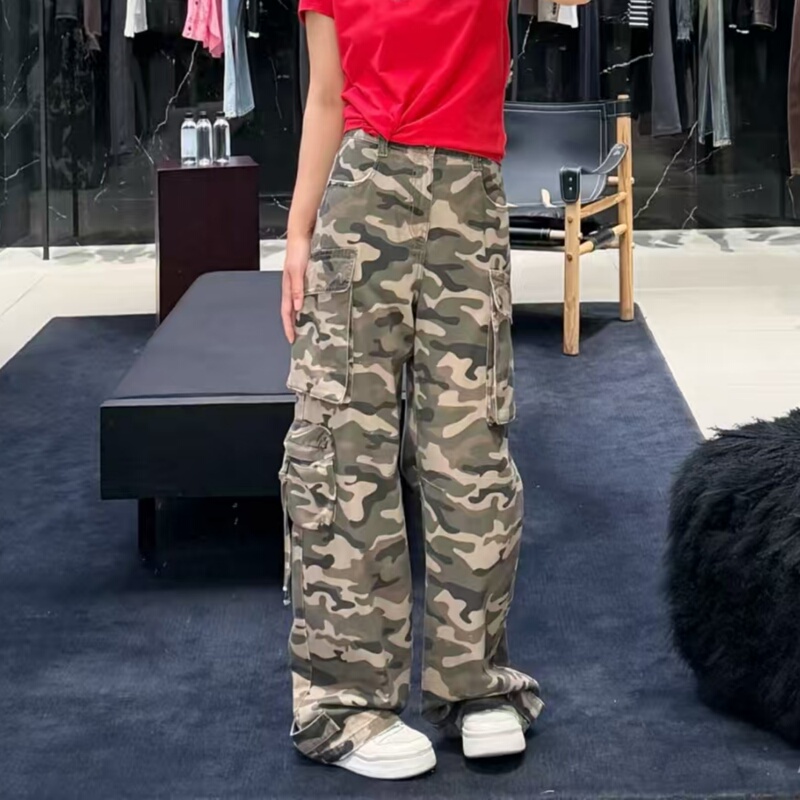 Mo2026 Summer New High-Waisted Fashion Workwear Camouflage Multi-Pocket Straight-Leg Jeans for Women Mbf2Jen036