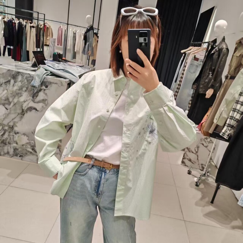 Mo2026 Summer New Fashion Lapel Moomin Graffiti Print Rhinestone Long Sleeve Casual Shirt Mbf2Sht022