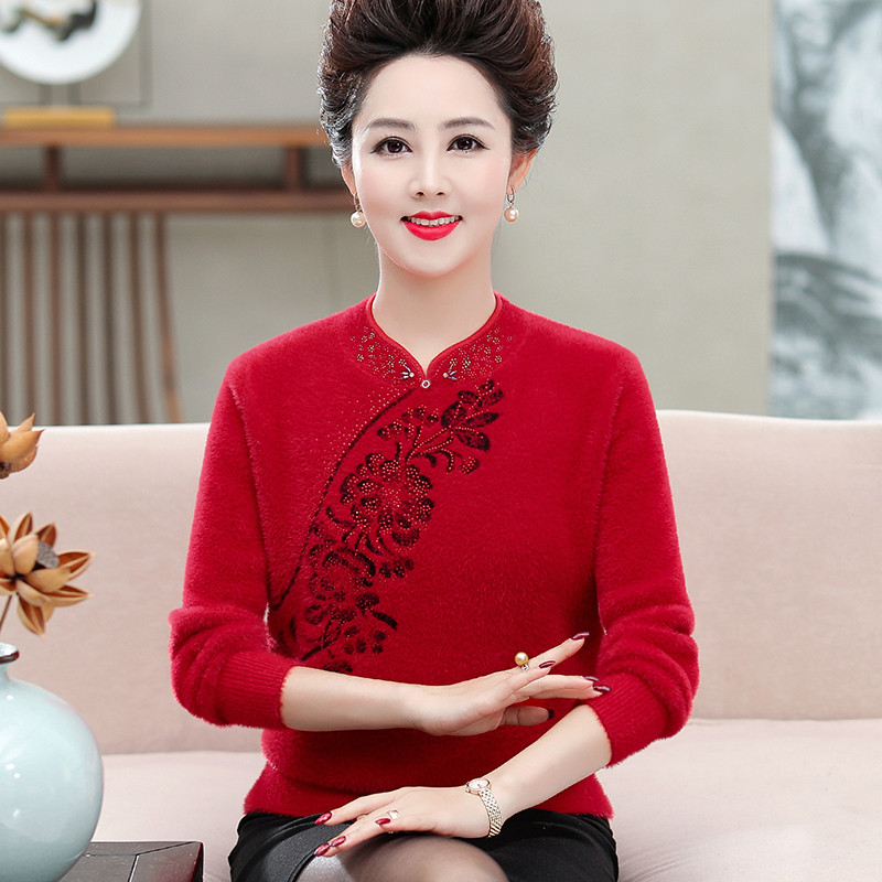 景绪秋冬装中老年毛衣女半高领妈妈加厚仿水貂绒套头加肥加打底衫