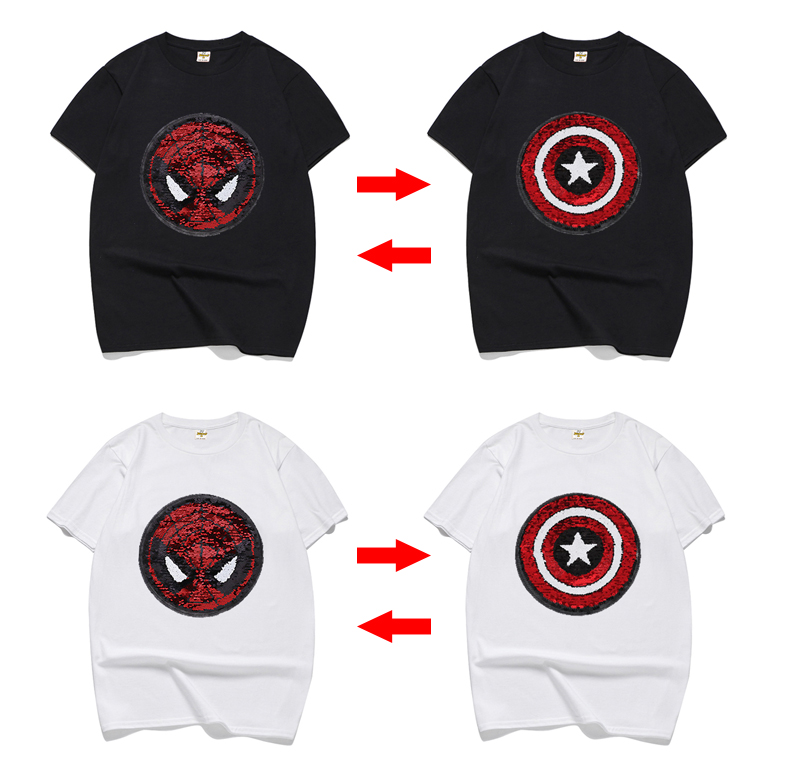 Cậu bé ngắn tay t-shirt US captain america mùa hè thay đổi màu sắc quần áo cô gái nửa tay quần áo trẻ em sequins vibrato trẻ em mặt