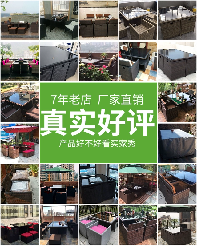Bàn ghế ngoài trời mây bàn cà phê năm mảnh ban công giải trí bàn ghế mây sân vườn bàn ghế 1 bàn 8 ghế kết hợp ghế gỗ ngoài trời
