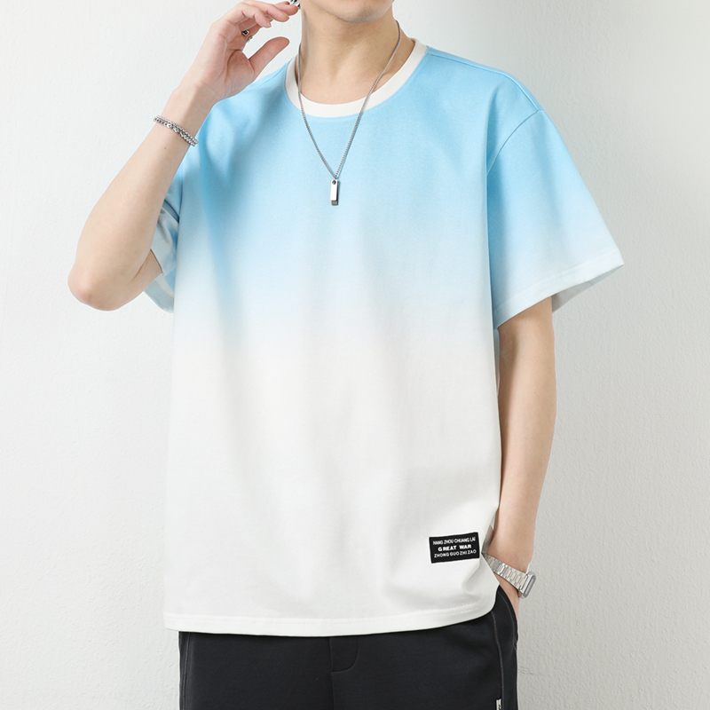Short-Sleeved T-Shirt Men's Pure Cotton Gradient Color Casual Youth Summer New Junior High School Student Cotton Scissors_Standard Half-Sleeve