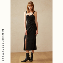 ROOMCARDS independent designer brand black suede lotus leaf sling waist slim dress