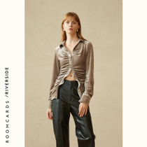 ROOMCARDS independent designer brand champagne acetate velvet fluffy wavy waist design feel shirt