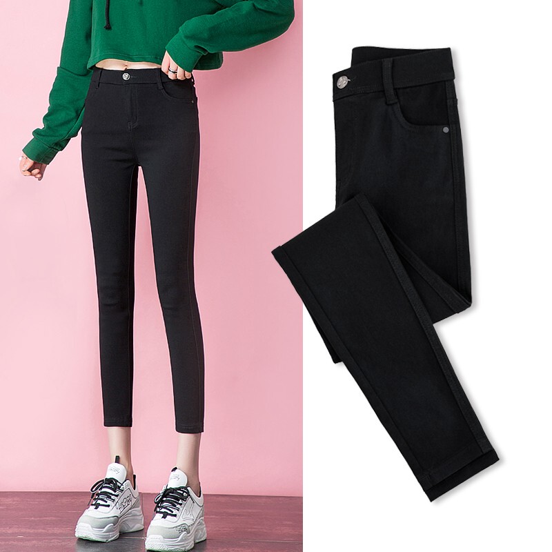 Women's Black High-Waisted Pencil Leggings for Outerwear, 2025 Autumn and Winter, Stretchy, Cropped, Petite, Skinny Black Pants