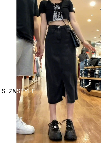 Летняя джинсовая юбка, черная цветная длинная юбка, высокая талия, свободный крой, облегающий крой