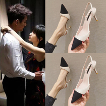 Net red collage high heel shoes female fine heel pointed single shoe woman 2022 Summer new 100 hitch hollowed-out Baotou sandal women