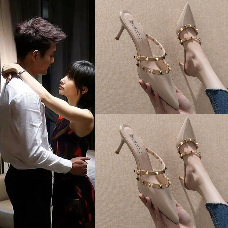 Sandals and slippers women wear net red half drag 2022 new high-heeled women's shoes pointed stiletto fashion Baotou sandals summer