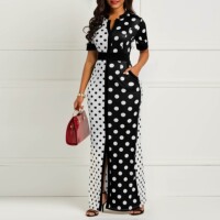 Women dress female clothes Black & White Split Dress Dot