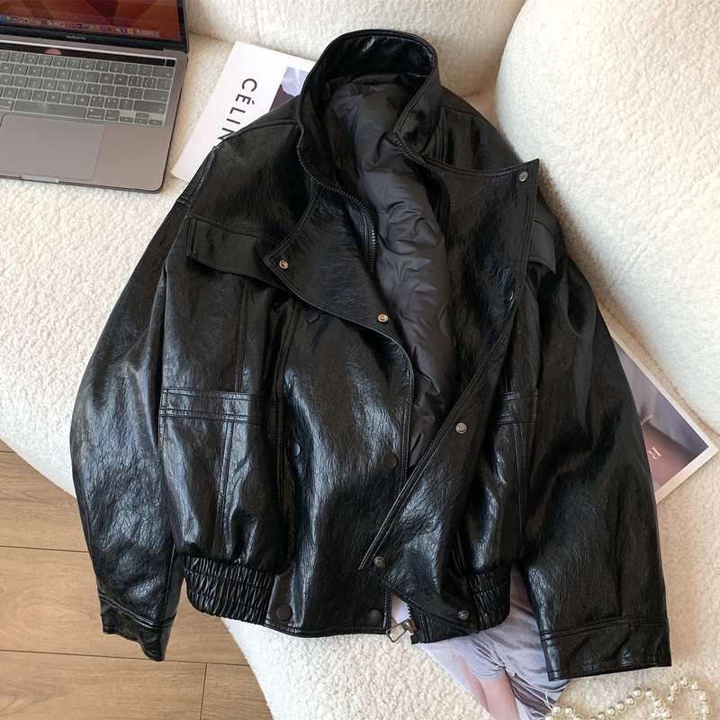 European-Style Thickened Stand-Up Collar Zip-Up Short Leather Jacket down Coat for Women 2025 Winter Petite Biker Style Jacket