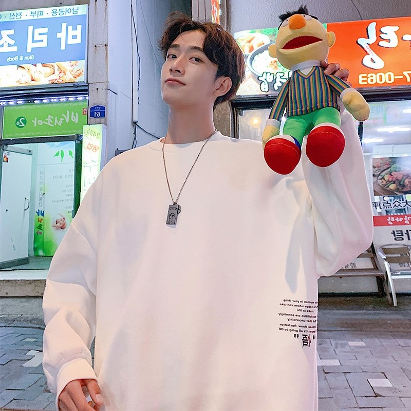 Ins cộng nhung wei-quần áo của nam giới hip-hop Hàn Quốc phiên bản của thủy triều một dài tay áo thun trên quần áo mất gió hong áo khoác sang trọng.
