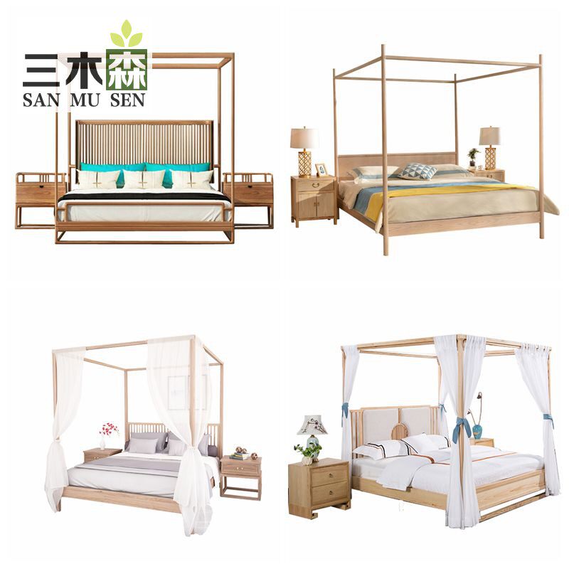 New Chinese Shelf Bed Zen solid wood bed Double guest house Holiday Village hotel clubhouse Four Columns Antique 1 8m