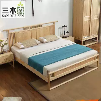 New Chinese style solid wood double bed master bedroom 1 8 meters white ash wood log color paint-free modern Chinese style hotel bed and breakfast