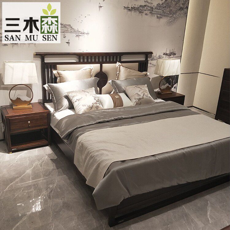 New Chinese Bed Solid Wood Bed Modern Villa Wedding Bed Master Bedroom 1 8 m Double beds Hotel China Wind Zen Imagination