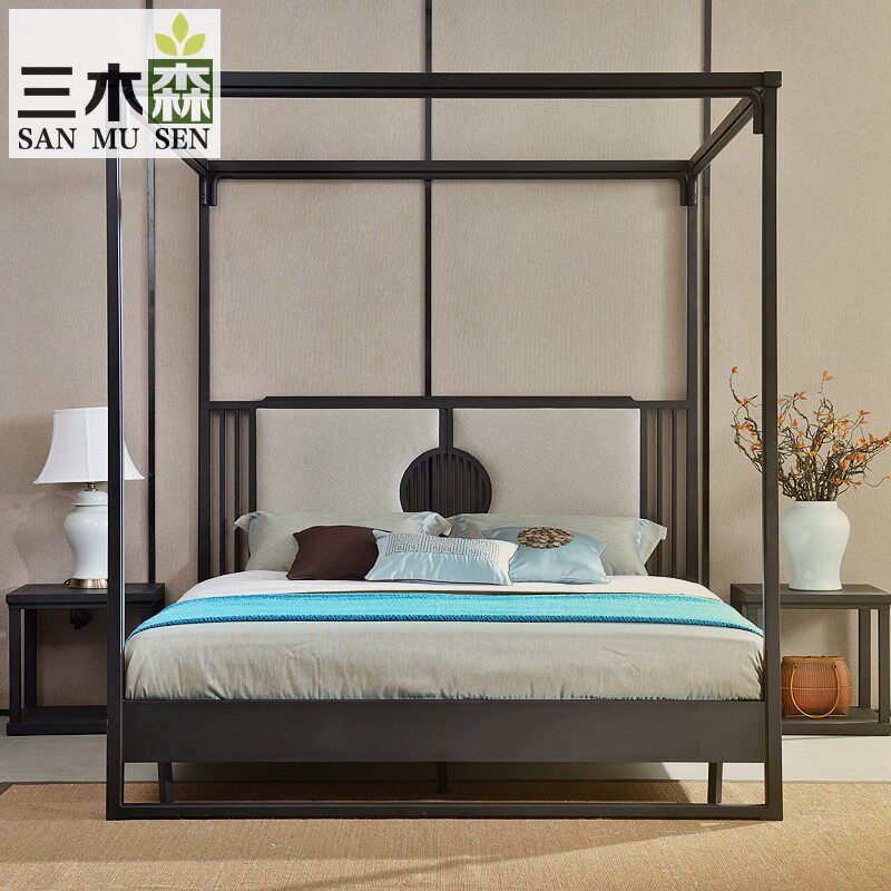 New Chinese Zen Solid Wood Double Shelf Modern Hotel Villa Inn Ancient Master Bedroom Four Pillar Soft Bag