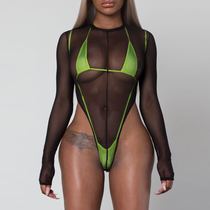 2019 New European and American swimsuit three-piece conjoined black mesh gauze sexy plus size jumpsuit new three-point womens