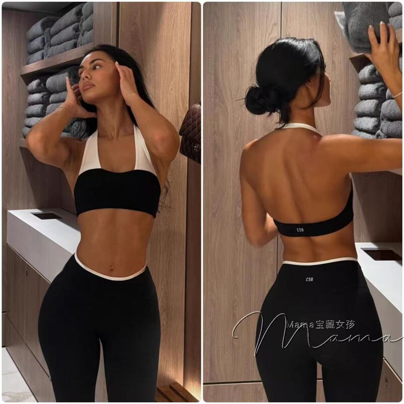 Treasure Girl*Csb Color-Block Halter Neck Sports Set Fitness Vest Beautiful Back Peach Pants Nude Feel Long Pants Shorts