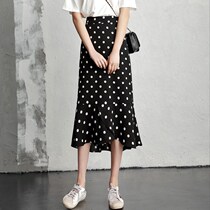 Black polka dot a skirt female summer long high waist chiffon long skirt ruffled hip fishtail skirt spring and autumn