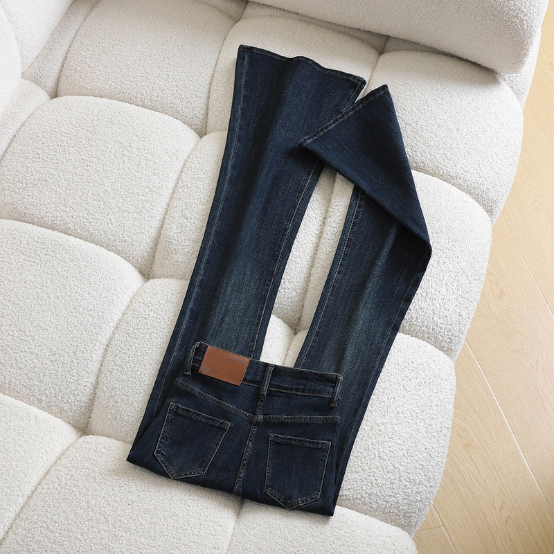 Dark Blue Thin Flared Jeans for Women 2026 Spring/Summer High-Waisted Slim-Fit Stretchy Floor-Length Bell-Bottom Pants