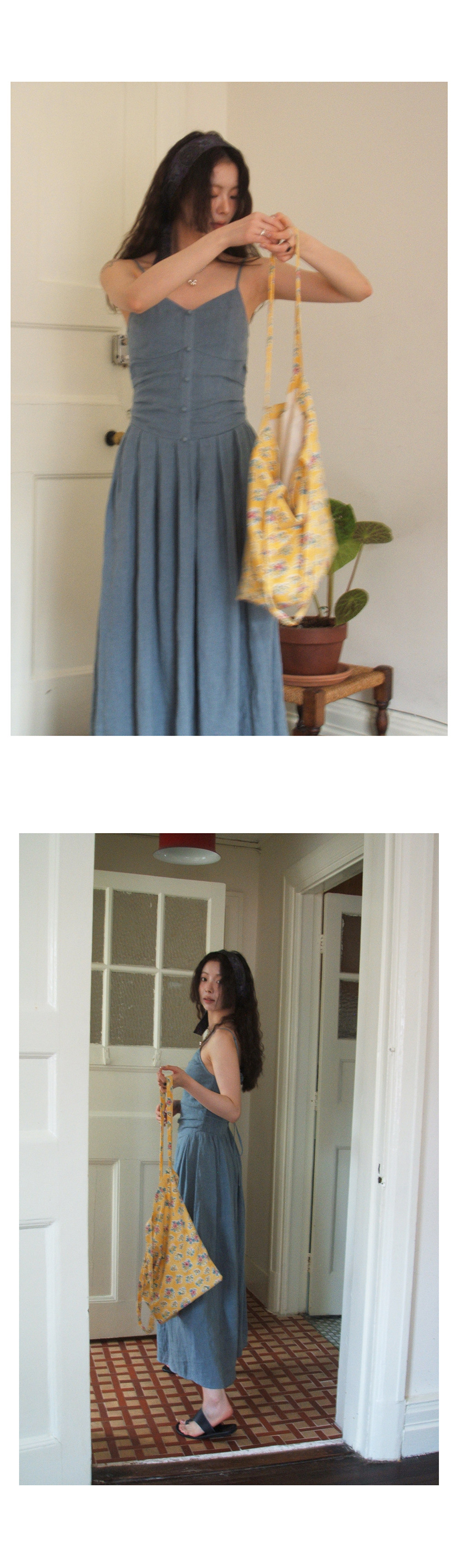 Hellooo Eat 100%亚麻气质吊带连衣裙2025夏季法式复古短袖中长裙