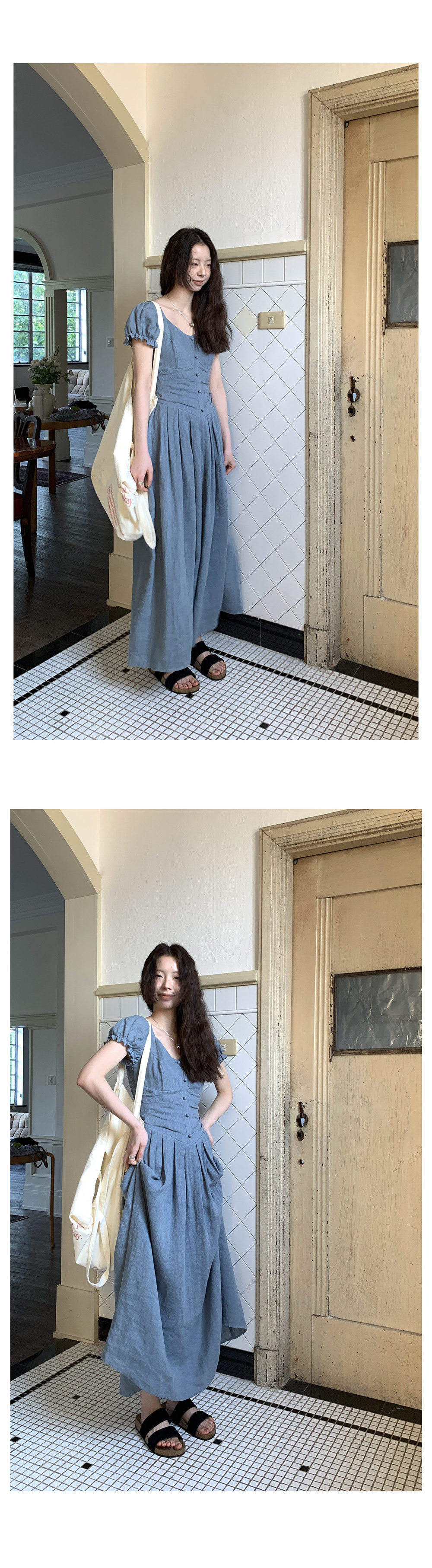 Hellooo Eat 100%亚麻气质吊带连衣裙2025夏季法式复古短袖中长裙