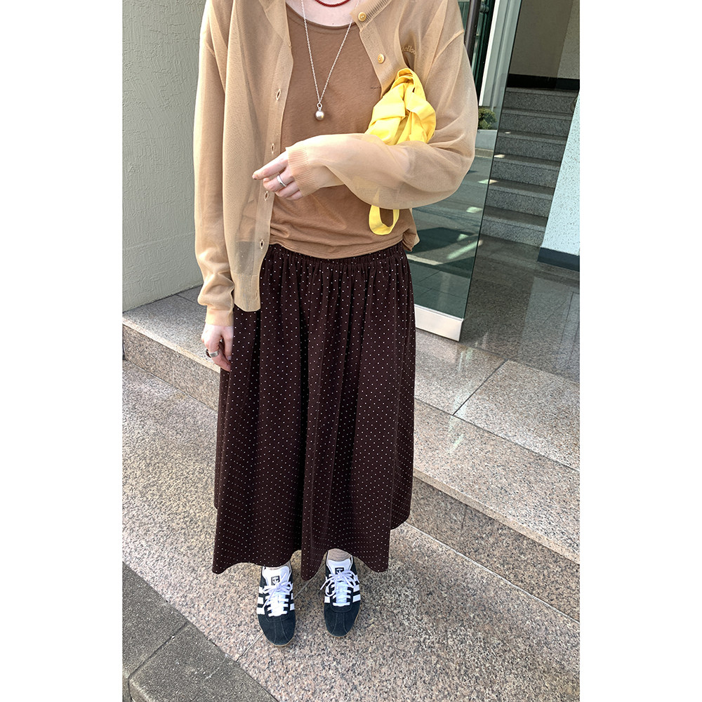 HelloooEat японская винтажная юбка в горошек осенняя коричневая универсальная стройнящая А-силуэта средней длины