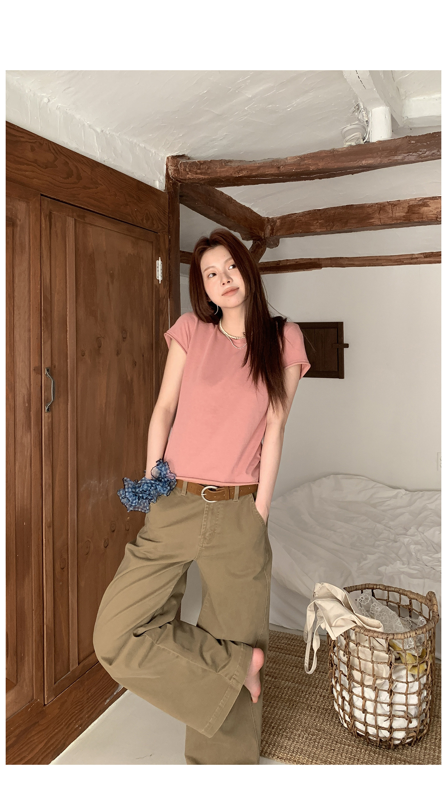 HelloooEat 多色基础款卷边显瘦T恤春夏休闲圆领套头百搭短袖上衣