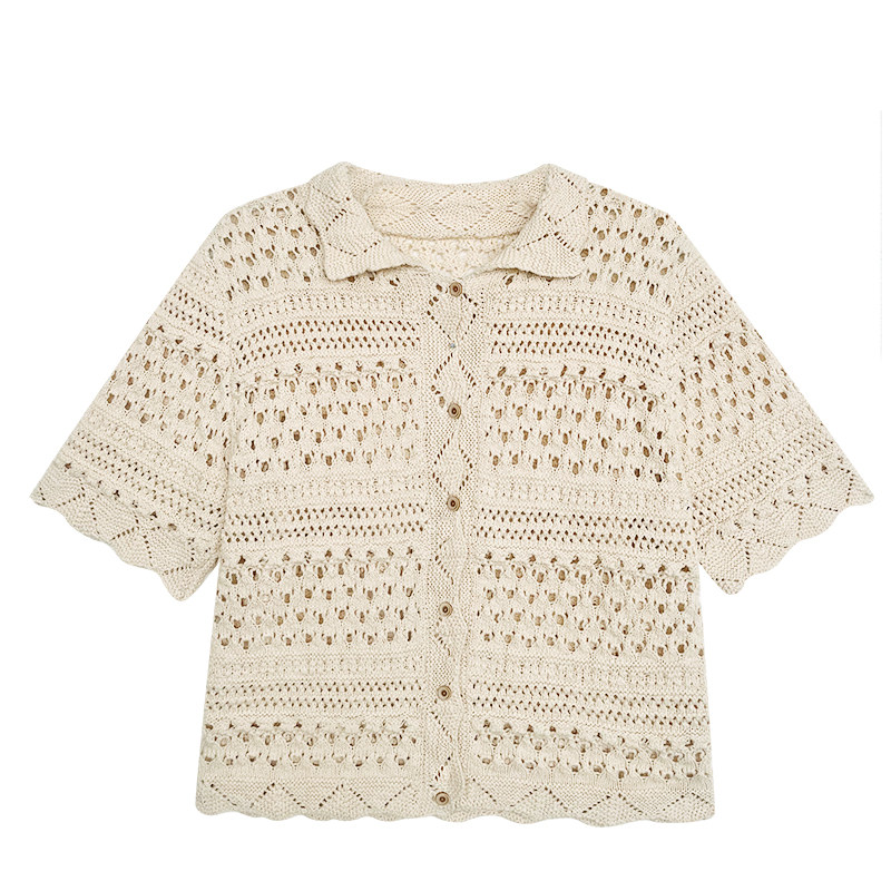 Hellooo Eat кардиган с ручной вязкой крючком в винтажном стиле 2025 абрикосовый с отложным воротником однобортный короткий рукав