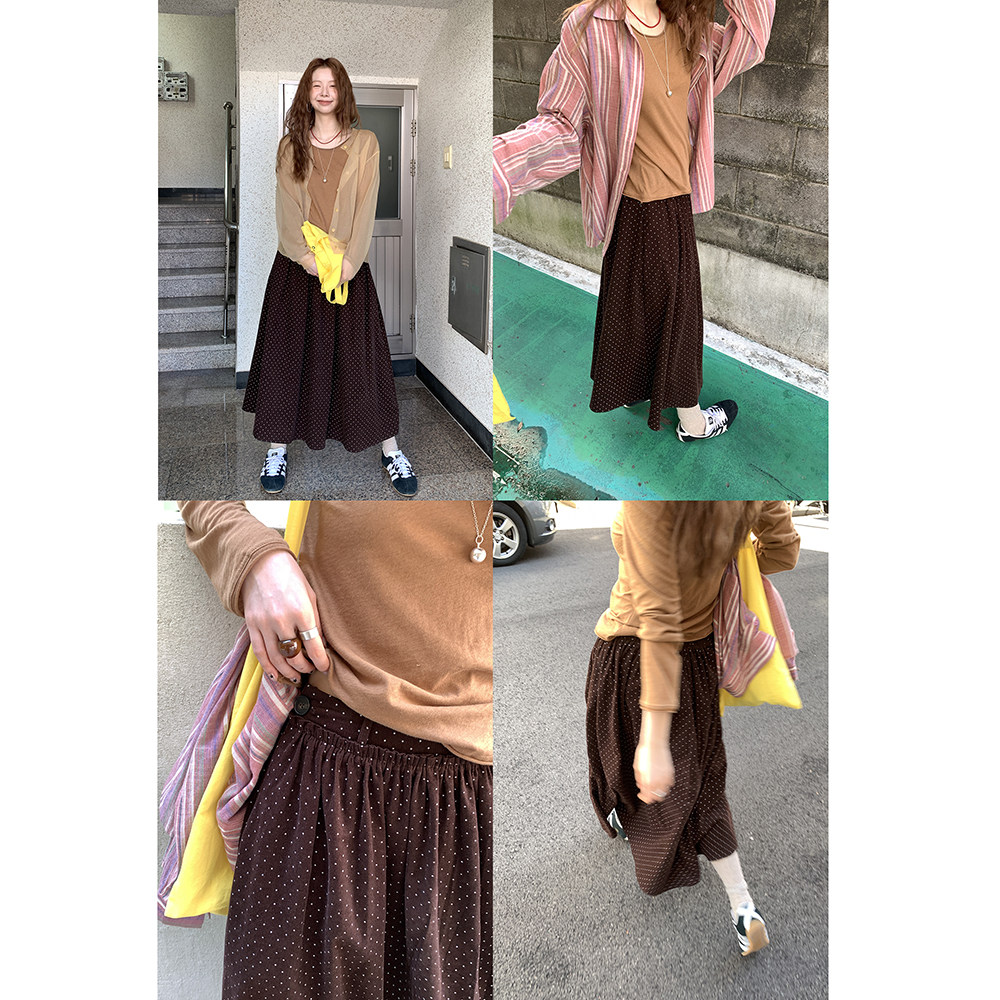 HelloooEat японская винтажная юбка в горошек осенняя коричневая универсальная стройнящая А-силуэта средней длины